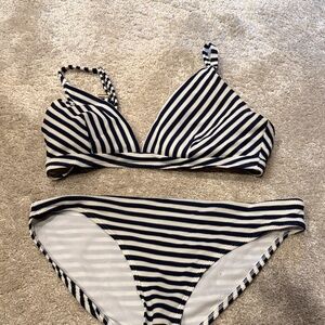 Boden navy striped bikini.  Size 12 top and 10 bottom.
